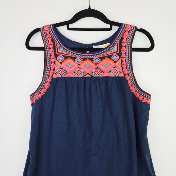 C&C California Sleeveless Dress Large Navy Embroidered Boho Cotton Lined Pockets - Picture 4 of 11